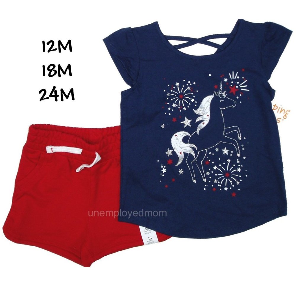 Girls Summer Outfit Unicorn Patriotic Memorial Day 2 pc Short Set Little Girls